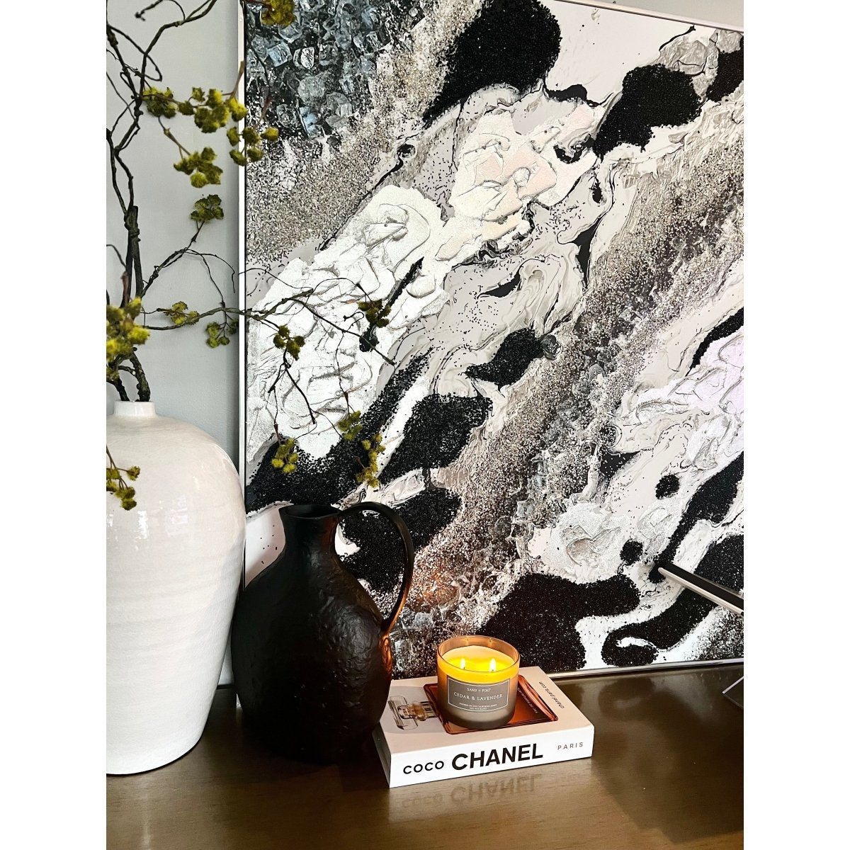 Moderne Wandkunst Leinwand Deko Handgemalte Abstrakte Glitzerflocken Geode Gerahmte Wandkunst mit Silberrahmen