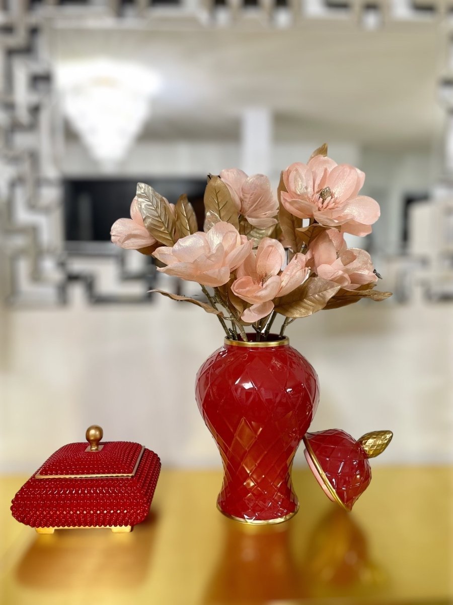 Keramische Ingwer-Topf-Vase mit Diamantmuster und goldenen Details