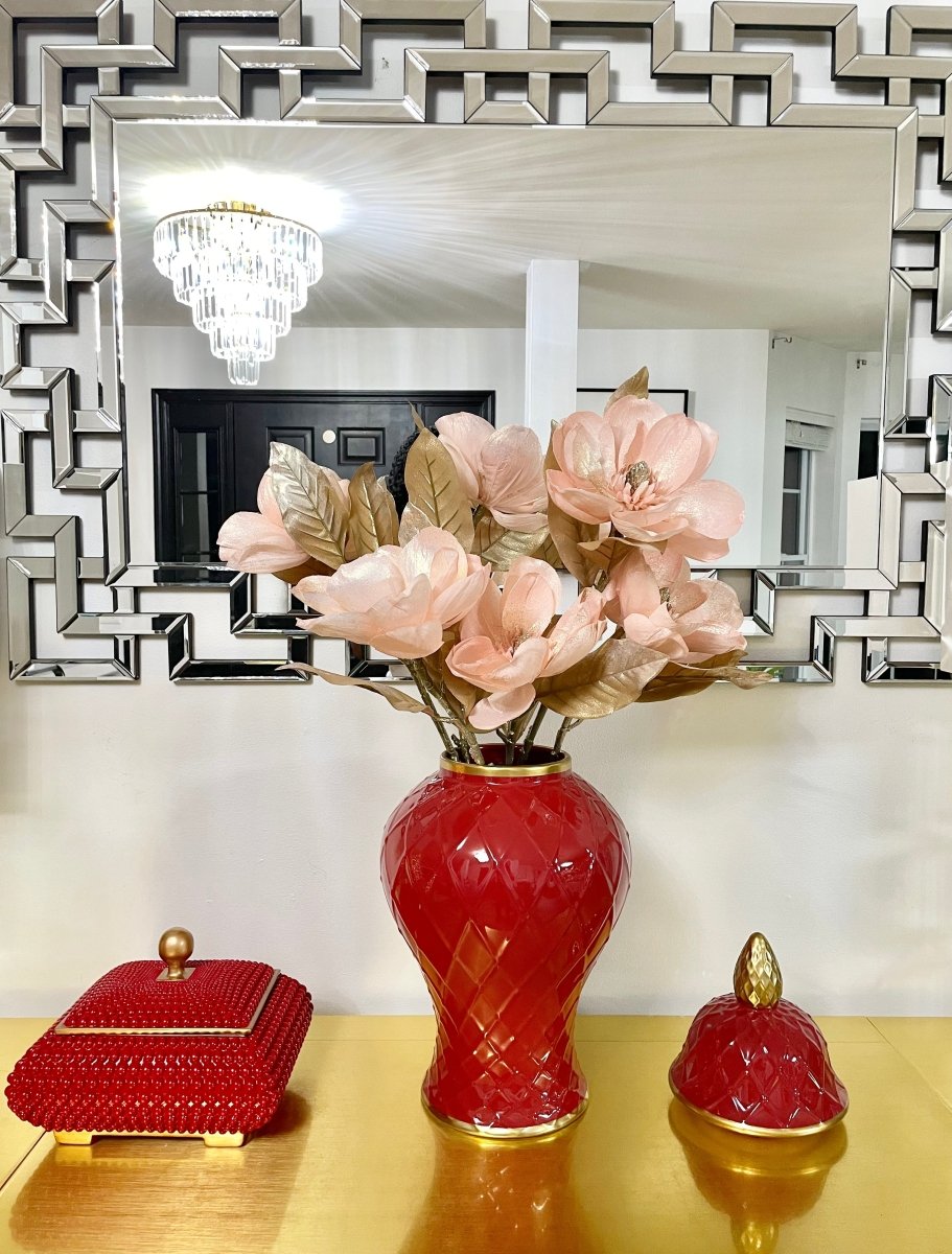 Keramische Ingwer-Topf-Vase mit Diamantmuster und goldenen Details