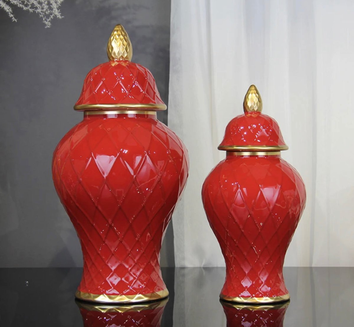 Keramische Ingwer-Topf-Vase mit Diamantmuster und goldenen Details