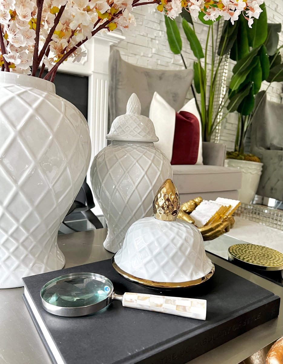 Keramische Ingwer-Topf-Vase mit Diamantmuster und goldenen Details