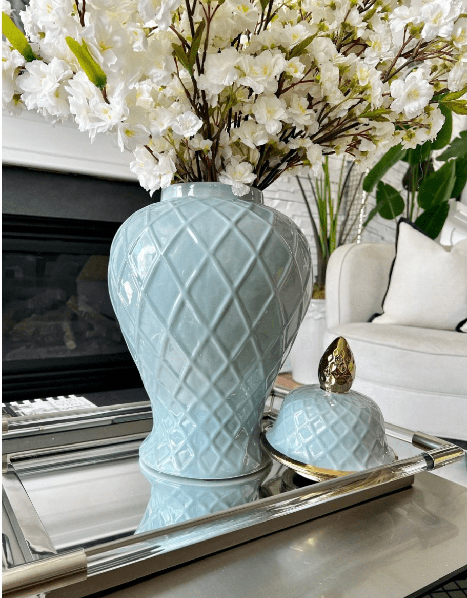 Keramische Ingwer-Topf-Vase mit Diamantmuster und goldenen Details