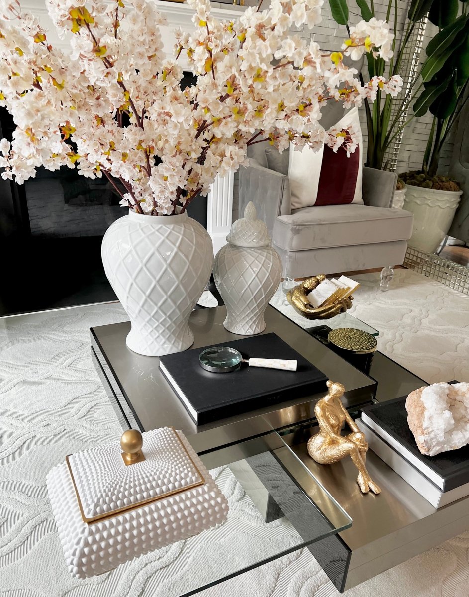 Keramische Ingwer-Topf-Vase mit Diamantmuster und goldenen Details