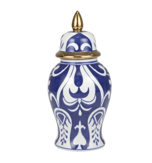 Keramischer Tempel Ingwer-Behälter Weiß, Blau & Goldakzente