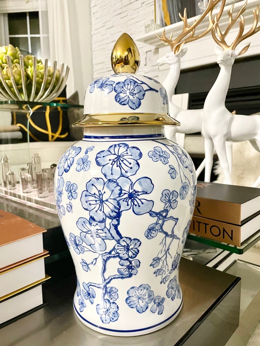 Hibiskus Blau und Weiße Keramische Tempel-Urne mit Deckel - Wohnkultur