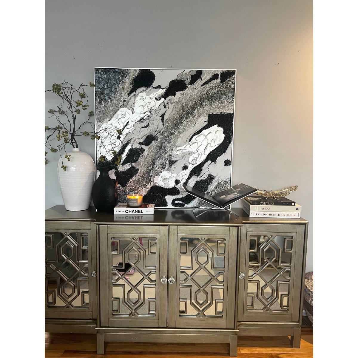 Moderne Wandkunst Leinwand Deko Handgemalte Abstrakte Glitzerflocken Geode Gerahmte Wandkunst mit Silberrahmen