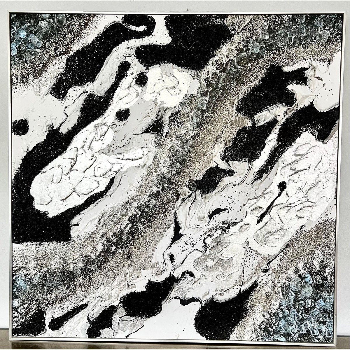 Moderne Wandkunst Leinwand Deko Handgemalte Abstrakte Glitzerflocken Geode Gerahmte Wandkunst mit Silberrahmen