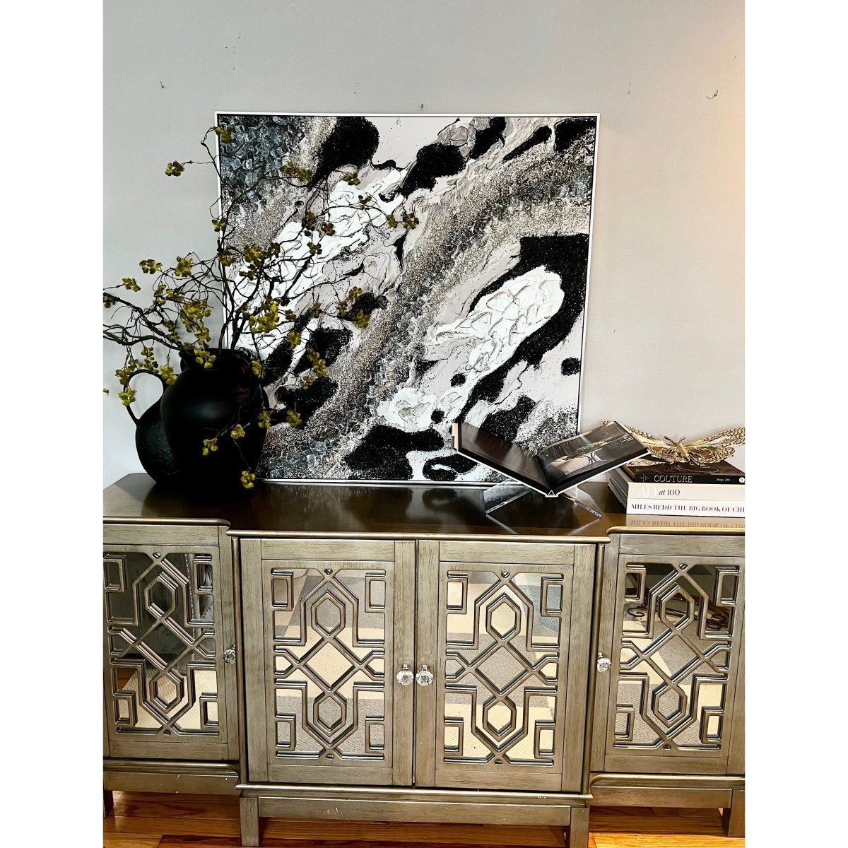 Moderne Wandkunst Leinwand Deko Handgemalte Abstrakte Glitzerflocken Geode Gerahmte Wandkunst mit Silberrahmen