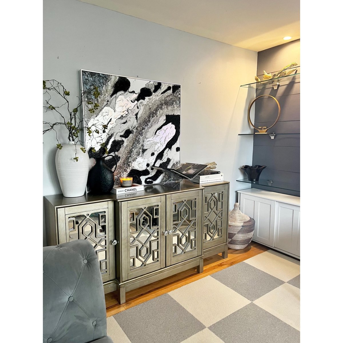 Moderne Wandkunst Leinwand Deko Handgemalte Abstrakte Glitzerflocken Geode Gerahmte Wandkunst mit Silberrahmen