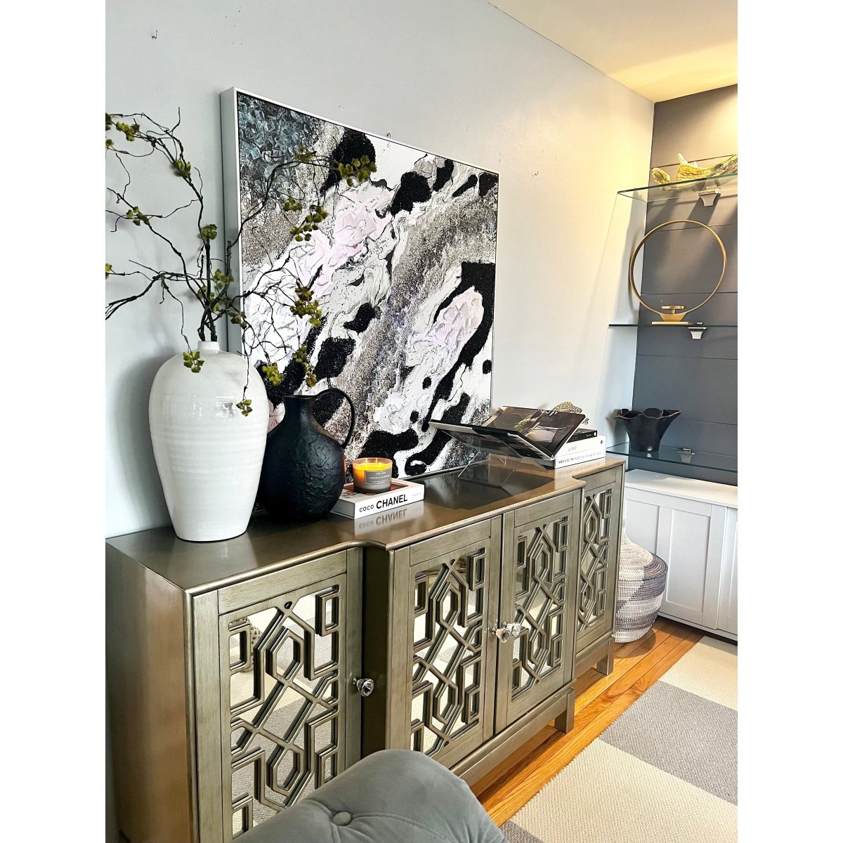 Moderne Wandkunst Leinwand Deko Handgemalte Abstrakte Glitzerflocken Geode Gerahmte Wandkunst mit Silberrahmen