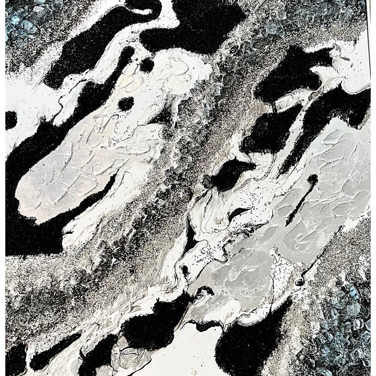 Moderne Wandkunst Leinwand Deko Handgemalte Abstrakte Glitzerflocken Geode Gerahmte Wandkunst mit Silberrahmen