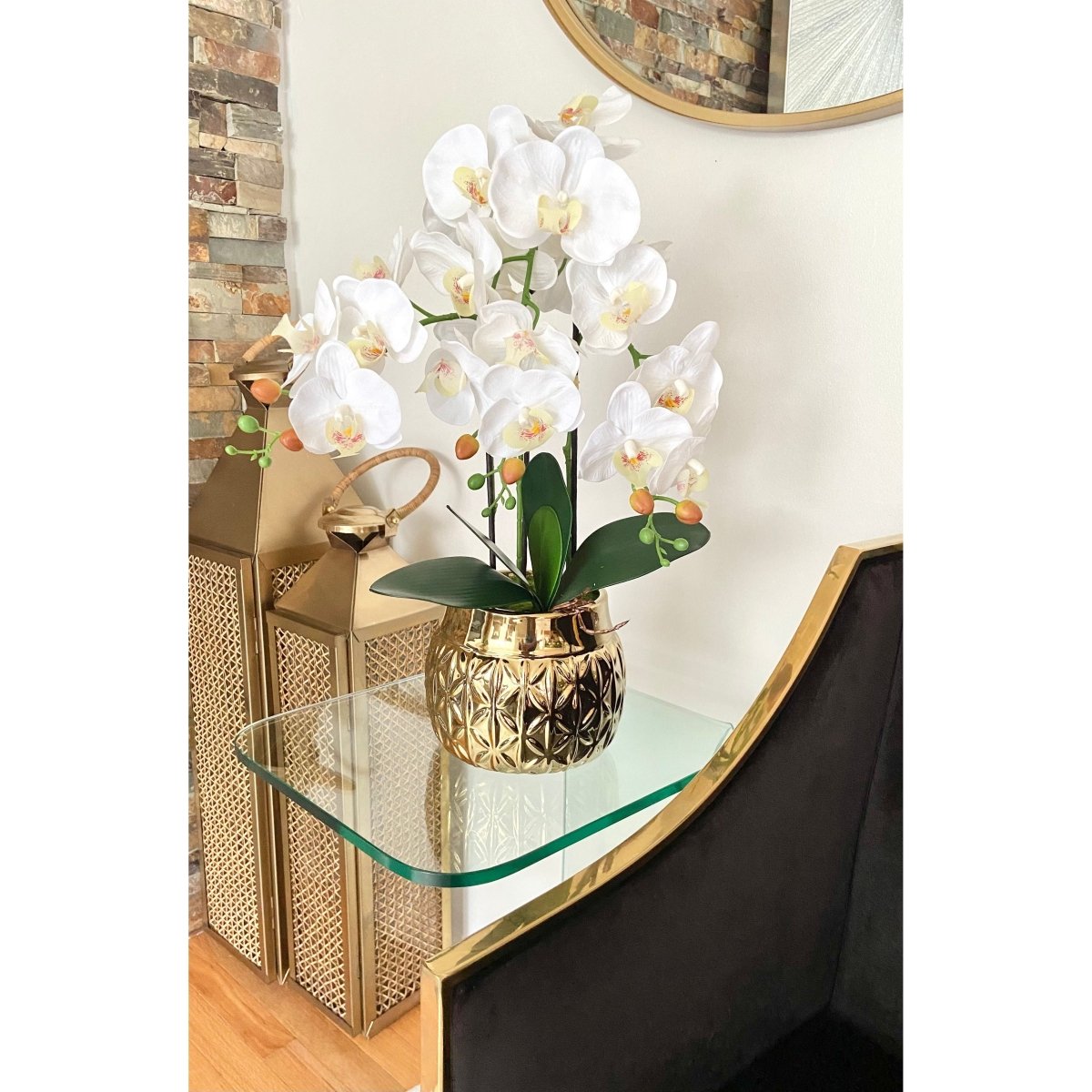 Echter Touch Künstliches Phalaenopsis Arrangement in einem beeindruckenden Keramiktopf (3 Stiele)