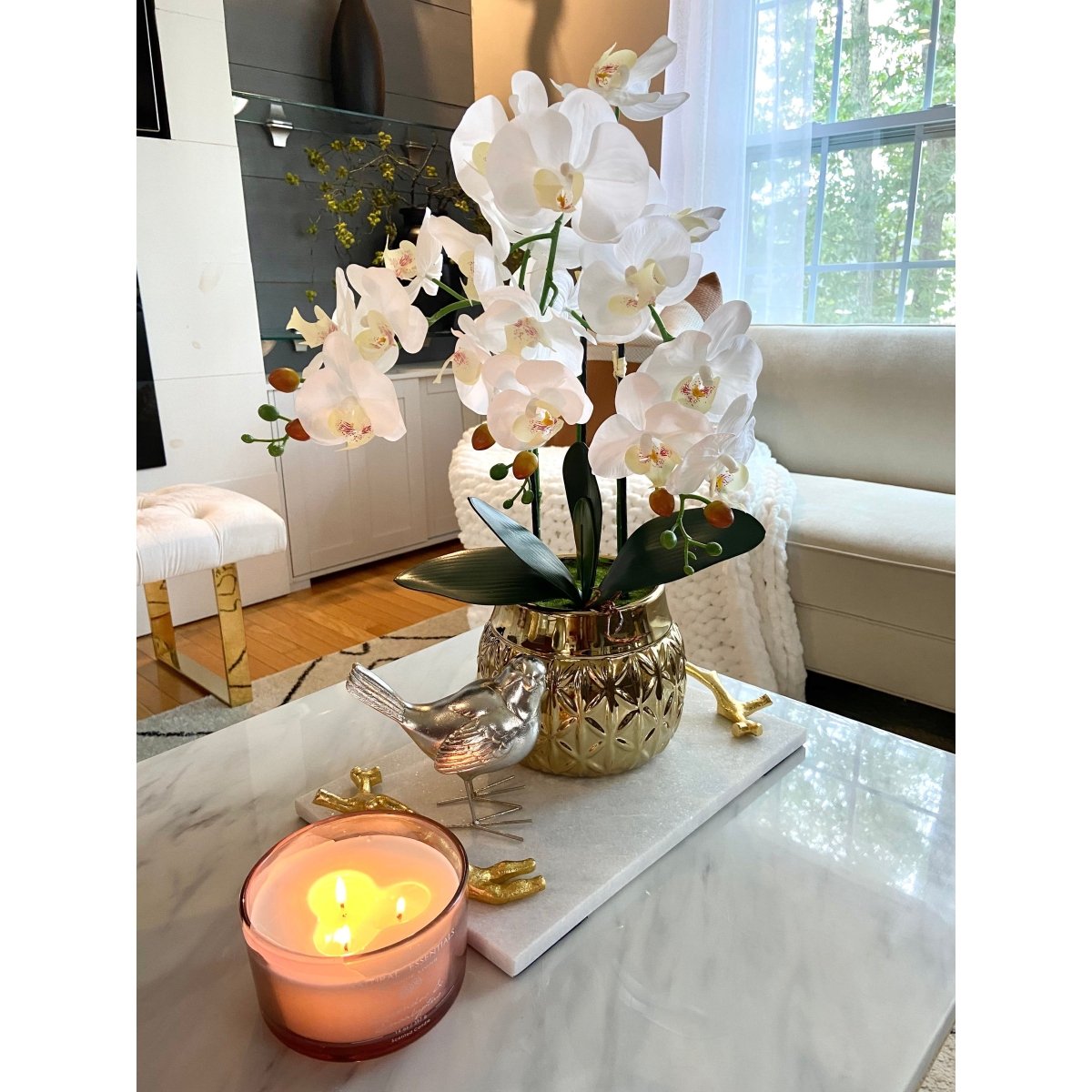 Echter Touch Künstliches Phalaenopsis Arrangement in einem beeindruckenden Keramiktopf (3 Stiele)