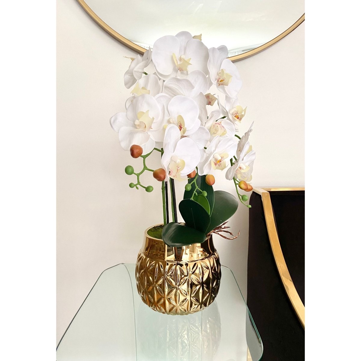 Echter Touch Künstliches Phalaenopsis Arrangement in einem beeindruckenden Keramiktopf (3 Stiele)