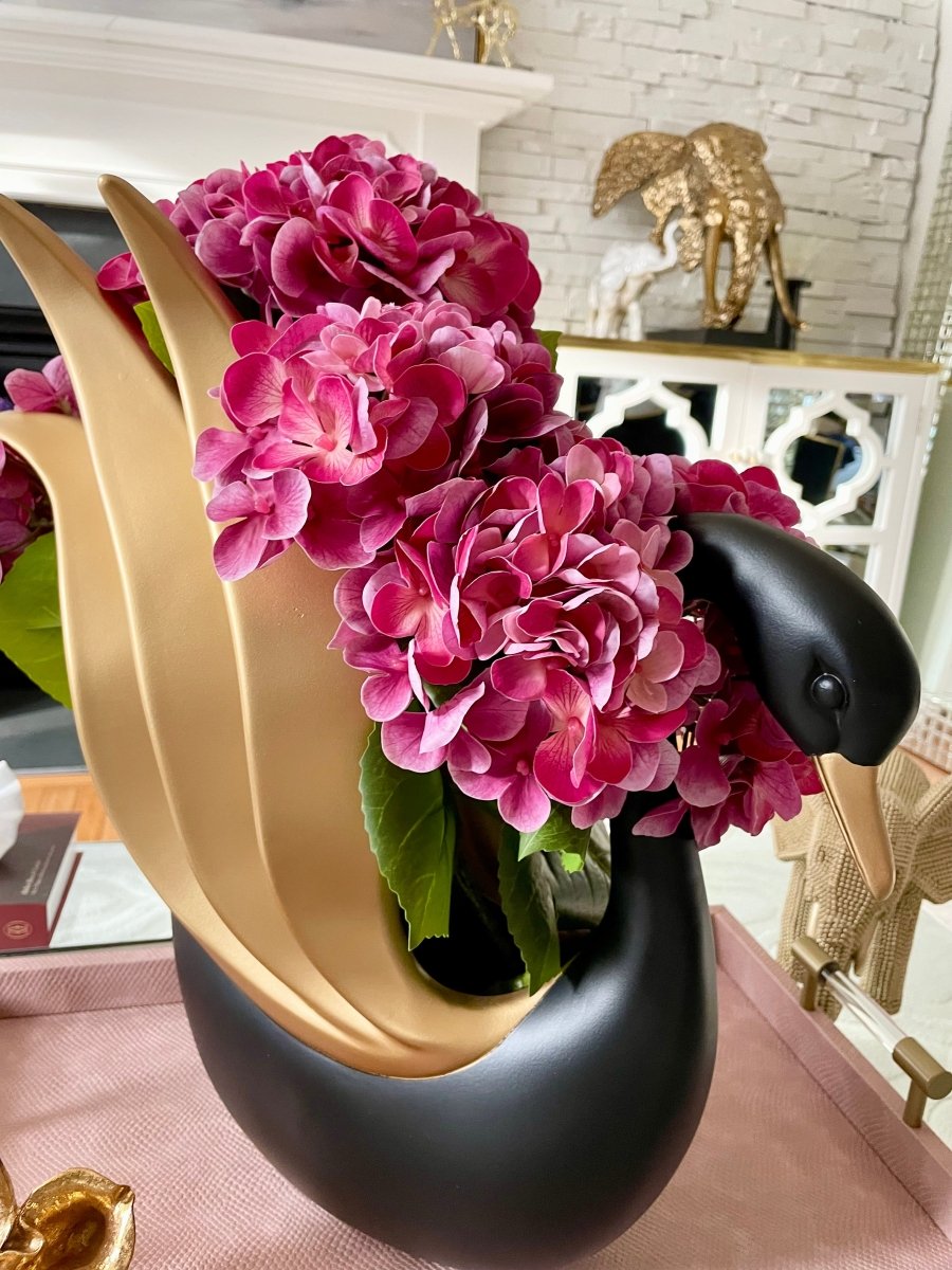 X-Large Moderne Klassische Schwarze & Goldene Schwan Dekorative Blumenvase - Schwan Liebhaber Statuen Von Designed By The Boss