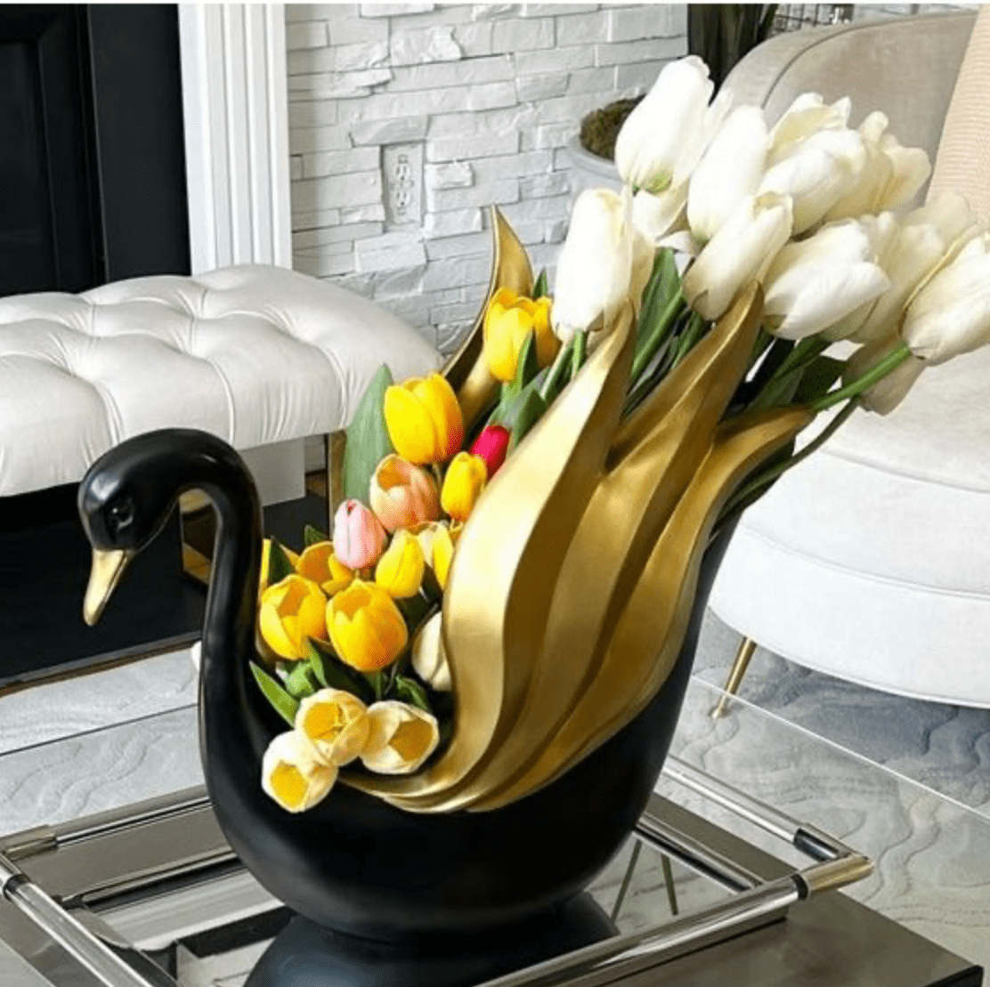 X-Large Moderne Klassische Schwarze & Goldene Schwan Dekorative Blumenvase - Schwan Liebhaber Statuen Von Designed By The Boss