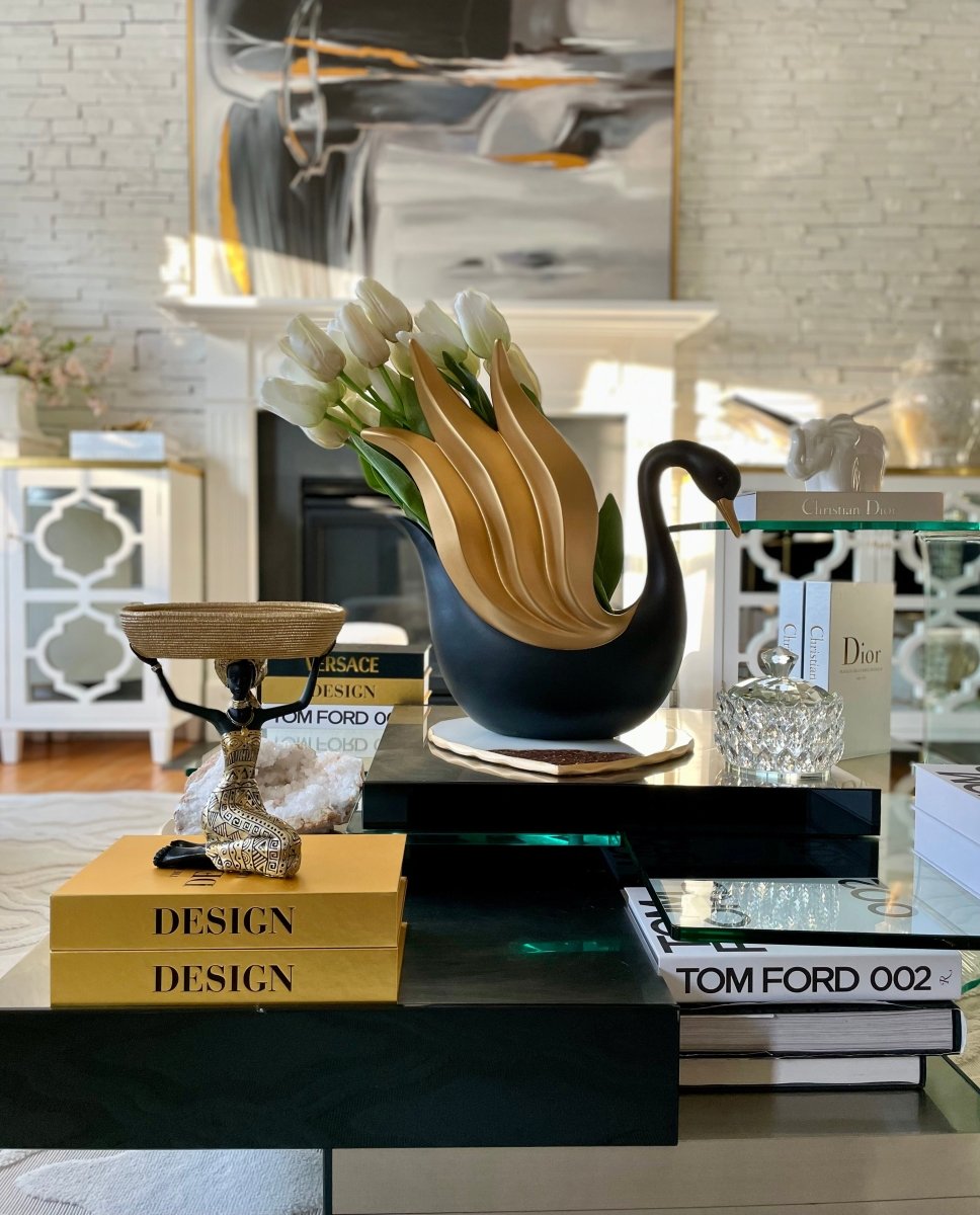 X-Large Moderne Klassische Schwarze & Goldene Schwan Dekorative Blumenvase - Schwan Liebhaber Statuen Von Designed By The Boss